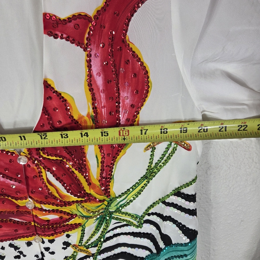 Diane Gilman Silk Beaded Vintage Size M ButtonUp Floral Tunic Blouse White Red - Picture 14 of 16